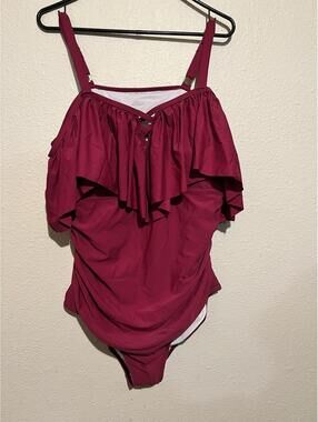 BloomChic Raspberry color Off-Shoulder Ruffle One-Piece Swimsuit Size 18-20 NWT